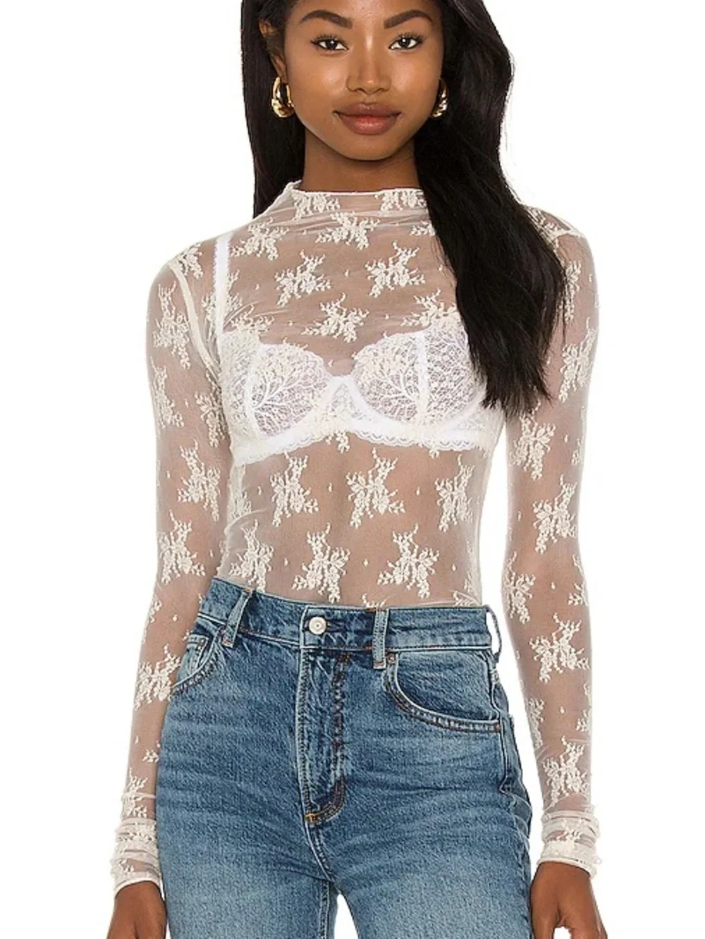 FREE PEOPLE Intimately Lady Lux Layering Top Sheer Mesh Evening Crème Large